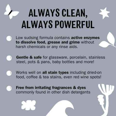 Graphic text displays detergent features, focusing on active enzymes and safety for glassware, free from fragrances and dyes.