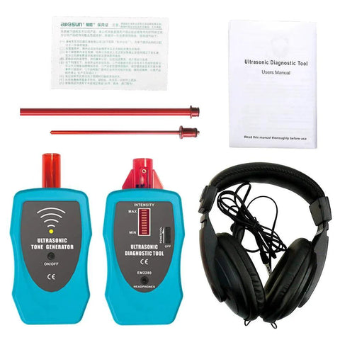Ultrasonic Leak Detector Stethoscope Kit With 36 To 44kHz Air And Contact Probes for Auto and Industrial Leak Detection, headsets, tools, and manual.
