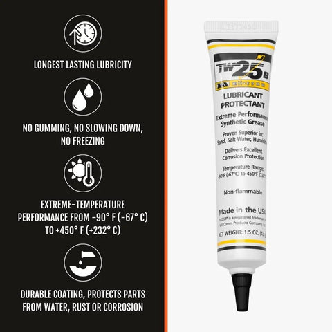 Mil-Comm TW25B gun grease lubricant tube, 1.5 oz, white tube with black/yellow label
