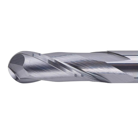 Close-up side view of Five Piece Ball Nose End Mill Set For CNC Router Machines One Quarter Inch Shank Two And A Half Inch Overall Length HRC55.