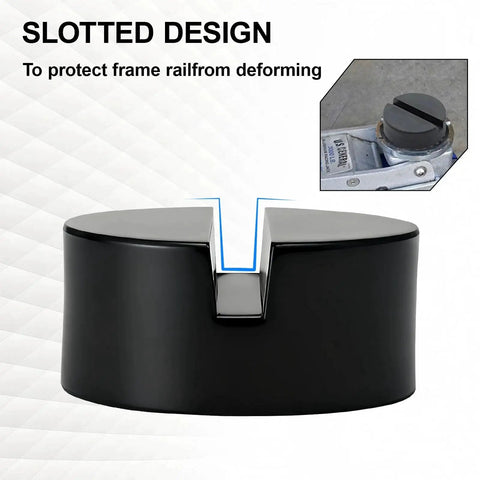 Universal Rubber Jack Stand Pads And Adapters For Pinch Weld Frame Rails 4 Pack with slotted design for rail protection.