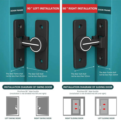 Installation diagram of 90 Degree Heavy Duty Barn Door Latch Lock For Cabinets Sliding Doors And Barn Doors Zinc Alloy.