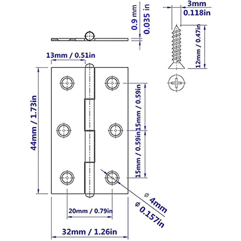 2-inch stainless steel folding hinge for wooden boxes with screws; front view and dimension diagram.