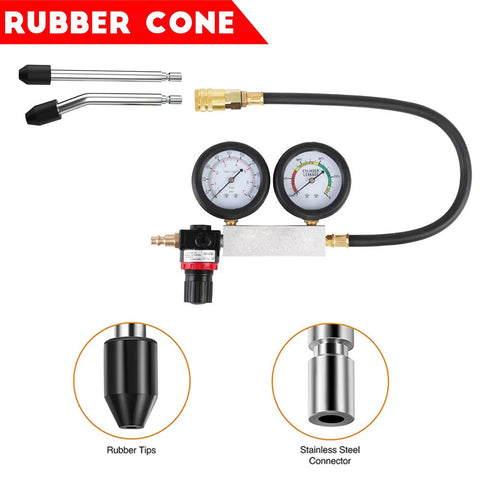 altivox cylinder leak-down tester kit for automotive compression testing; dual gauges, extension rods, stainless connector, rubber tips