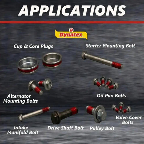 Applications of Dynatex Red High Strength Gel Threadlocker For Large Fasteners 1.2 Oz Bottle Permanent Lock shown on various bolts.