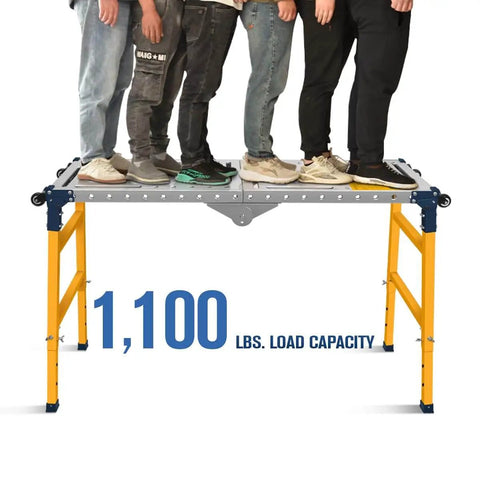 People standing on Beefy 2 In 1 Welding Table And Metal Work Bench With Casters showcasing 1100 lbs load capacity