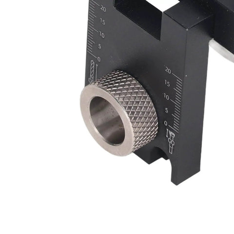 Close-up of 3 In 1 Doweling Jig Kit With Anodized Aluminum Body And Brass Limit Block, showing precise drill alignment details.