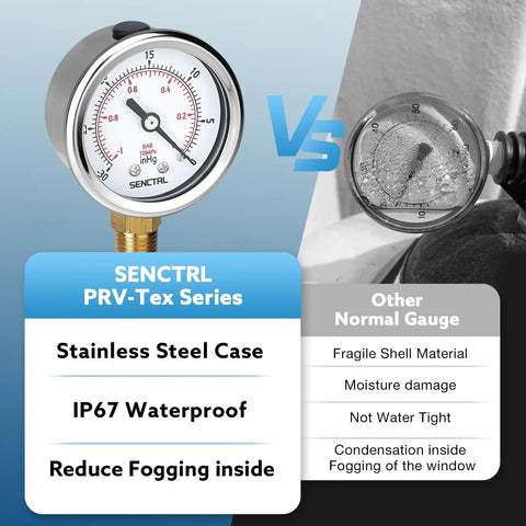 SENCTRL 2-inch vacuum gauge with stainless steel case and 1/4 NPT lower mount; two gauges shown.