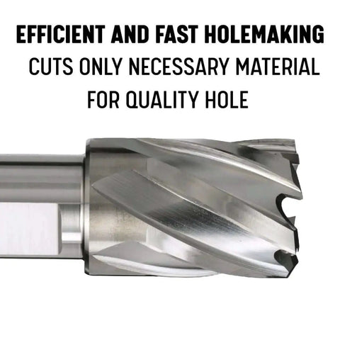 Close-up of Five Eighth Inch By One Inch High Speed Steel Annular Cutter DWC Series With Three Quarter Inch Weldon Shank.