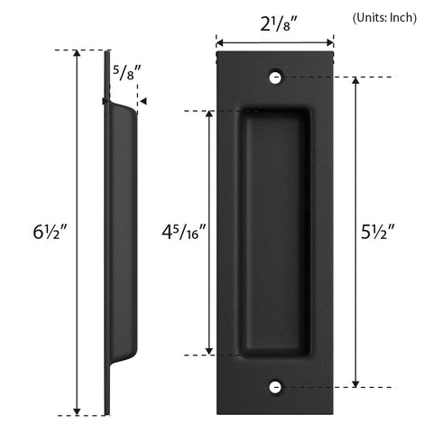 6 1/2 Inch Matte Black Frosted Flush Pull For Sliding Barn Doors, Recessed Invisible Flat Finger Pull, shown with dimensions