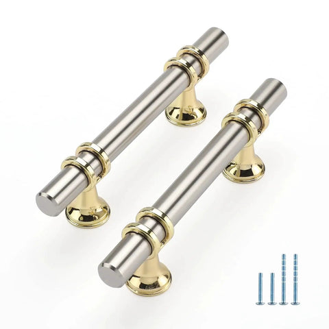 10 Pack Brushed Nickel And Gold Cabinet Pulls 3 Inch Hole Centers 76mm, shown with screws, zinc alloy kitchen cabinet handles