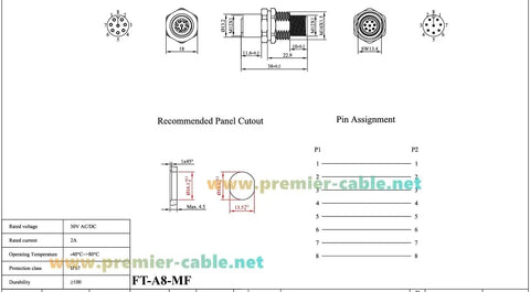 Technical diagram of 8 Pin M12 A Code Bulkhead Connector Male To Female IP67 Panel Mount Feedthrough, pin assignment visible.