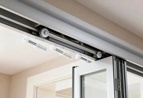 Bi-Fold Door Top Roller Guide Wheel Set installed on folding doors, showing spring-loaded nylon wheel with metal shaft, 7/8 inch diameter