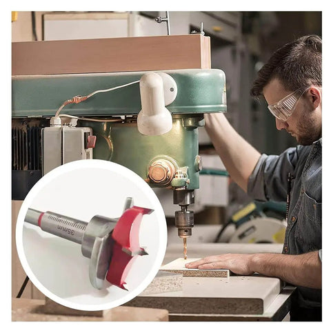 Pro Grade Forstner Drill Bit Set Thirty Five Millimeter Concealed Hinge Jig Kit in woodshop, close-up of drill bit head.