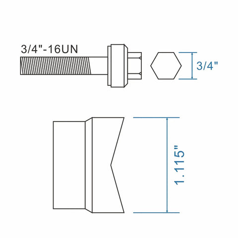 Diagram of 3/4-inch draw stud from Heavy Duty Manual Knockout Punch Kit for Metal Sheets and Conduit Boxes with cutter dimensions.
