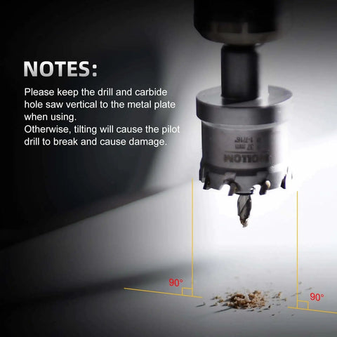 Close-up of Heavy Duty Carbide Hole Saw Kit One And One Quarter Inch With 2 Pilot Bits cutting into metal.