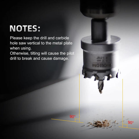 Beefy Heavy Duty Carbide Hole Saw Kit Half Inch 13mm With 2 Pilot Bits for fast cuts in metal, shown drilling into metal plate.
