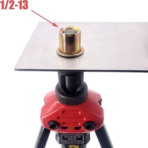 Beast Mode 16 Inch Rivet Nut Tool Kit with 17 Metric and SAE Mandrels, 256 Pieces Assorted Rivet Nuts installed on metal sheet.