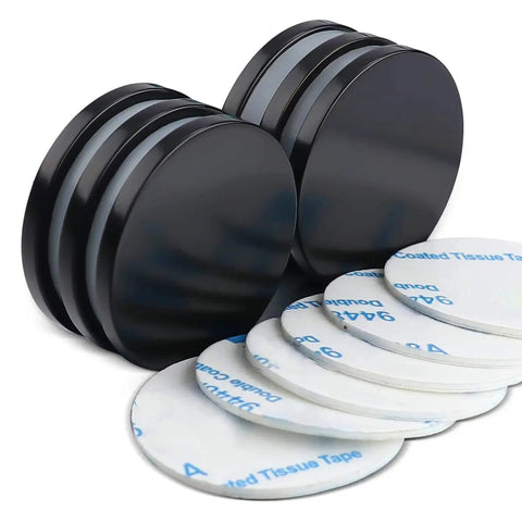Front view of a pack of six epoxy-coated neodymium disc magnets, 1.26 in diameter, 1/8 in thick.
