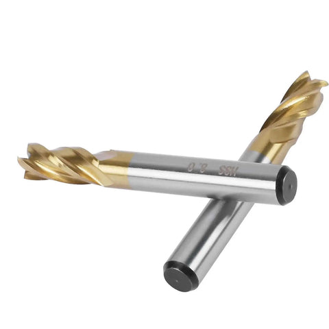 Two Pack Four Flute Titanium Coated Carbide End Mills For Wood And Aluminum Five Sixteenth Inch Eight Millimeter Shank CNC Straight End Mill Cutter Bits Set For Milling High Precision And Fast Material Removal displayed.