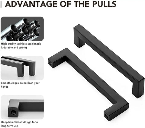 Black 5 Inch Square Cabinet Pulls 30 Pack Stainless Steel Kitchen Cabinet Handles Modern Hardware with material details