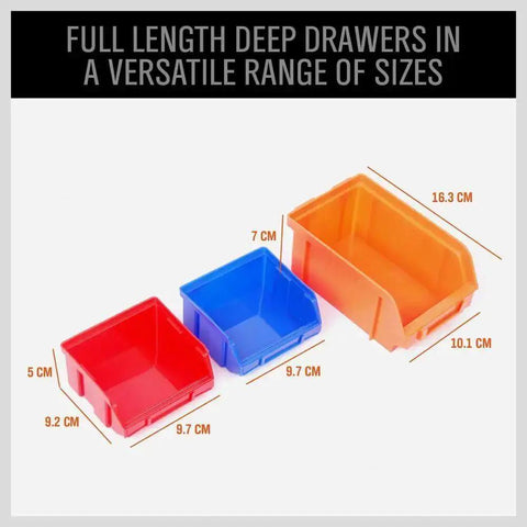 Color-coded red, blue, orange bins from Wall Mounted Storage Bin Rack Kit 30 Piece Parts Organizer For Garage And Shop Durable Plastic.