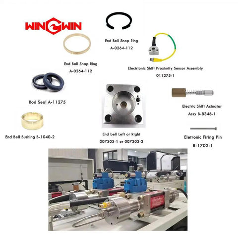 Assorted components for waterjet direct drive pumps, including Outlet Poppet 011040-1 and related pump parts, displayed on a table.