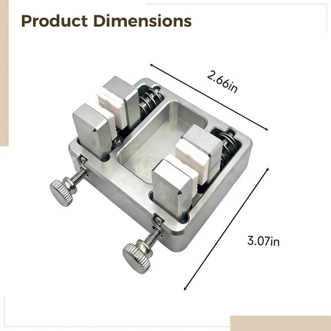 Beefy Aluminum Soldering Clamp For Quick PCB Fixes And Precise Wiring, Durable Temperature Resistant, shown with dimensions 2.66 x 3.07 inches.