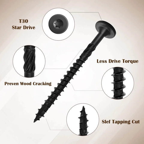 3 Inch Deck Screws 50 Count Beefed Up Heavy Duty Structural Wood Screws Rust Resistant Timber Screws For Timber Log And Landscaping Wood With T30 Star Bit ACQ Treated Wood Compatible Outdoor Construction Ready For Decks Fences And Landscaping Projects image showing screw features like star drive and tapping cut.