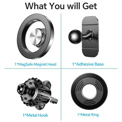 Components of MagSafe Car Mount With 20 Strong Magnets For iPhone 14 15 16 17 Dashboard Holder including magnet head and adhesive base