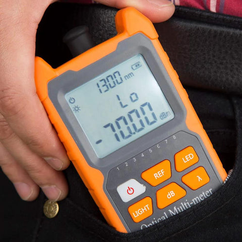 D YEDEMC Mini Optical Fiber Power Meter handheld, orange case with LCD showing 1300 nm and dBm.
