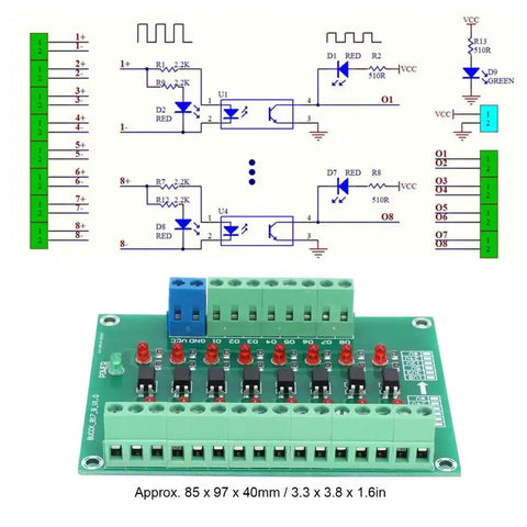 Diagram and image of 8 Channel Optical Isolation Module Workhorse 12 Volt to 3V3 Converter for PLCs with circuit schematic.
