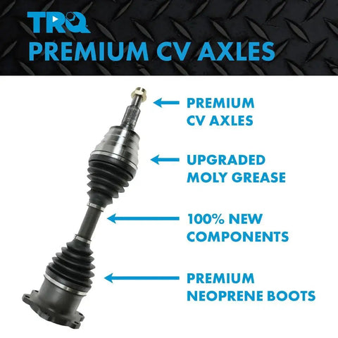 Front Driver And Passenger Side CV Axle Assembly Two Piece Set For 4x4 Ram 1500 2012-2018 And 2019-2021 Classic 4WD Models With Five Lug Pattern Direct Fit Replacement For Reliable Performance And Long Life product image highlighting features like upgraded moly grease and premium neoprene boots.