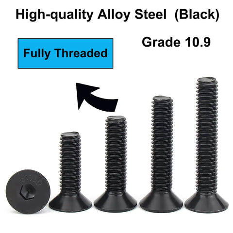 Flat Head Hex Socket Cap Screws Set M5 8 12 16 20 30mm Fully Threaded Rugged Black Oxide Alloy Steel Grade 10.9 CSK Allen Head Machine Screws With Hex Key HanTof