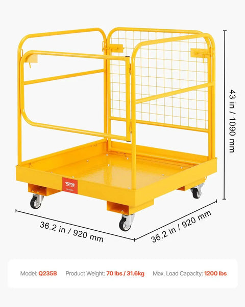 Forklift Safety Cage Work Platform 1200 Lb Load Capacity Collapsible With Wheels, yellow steel, dimensions labeled
