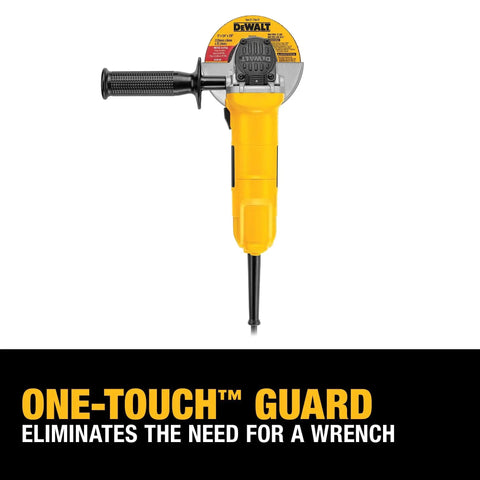 Front view of DEWALT Heavy Duty 4-1/2 Inch Angle Grinder With One-Touch Guard 7 Amp AC DC Motor 12,000 RPM For Fast Material Removal