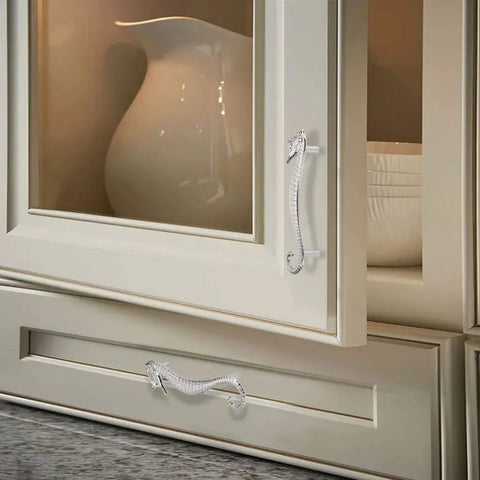 Seahorse Shaped Drawer Pulls Ocean Theme Marine Style Cabinet Hardware Zinc Alloy Coastal Metal Decorative Pulls installed on cabinets.