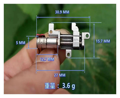 High Precision 5mm Gearbox Stepper Motor With 8mm Stroke Linear Actuator held in hand, showcasing size measurements.