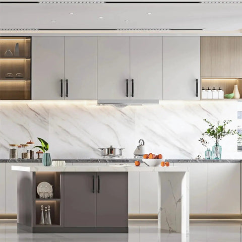 Modern kitchen with 10 Pack 5 Inch Matte Black Knurled Cabinet Pulls For Kitchen Cabinets Cupboards And Drawers 128mm Length Durable Hardware