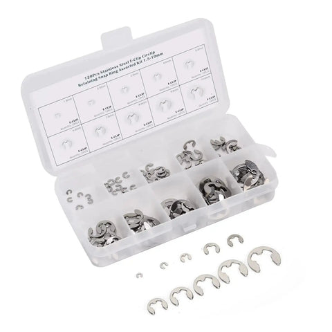 120 Piece E Clip Set In Stainless Steel External Retaining Rings Circlips From 1.5mm To 10mm With Smooth No Burr Edges in storage box