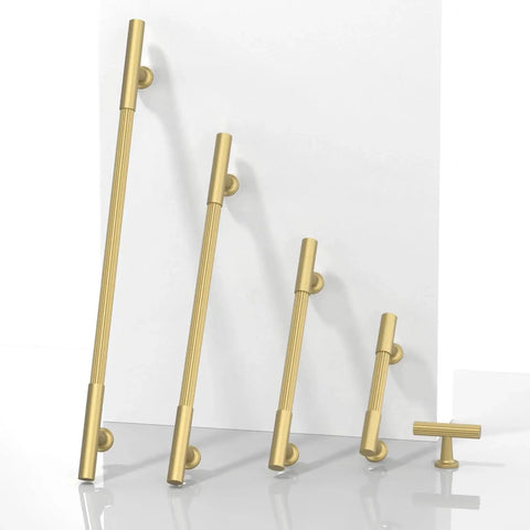 10 Pack Brushed Gold Cabinet Pulls 5 Inch 128mm Solid Heavy Duty Zinc Alloy Drawer Handles in various sizes against white background