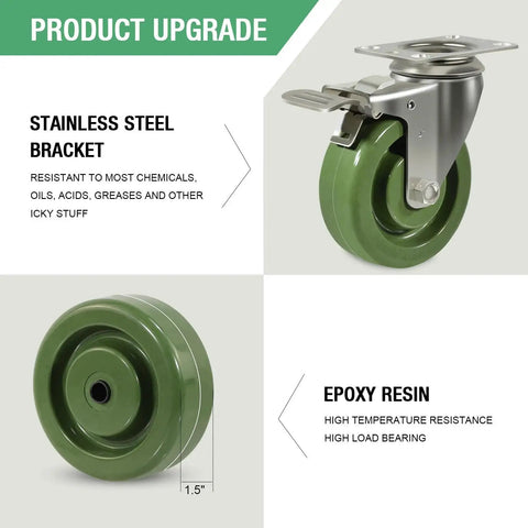 Stainless Steel Caster Set 4 Pack 4X1.5 Inch Beefy Hi Temperature Wheels For Oven Racks Replacement with green epoxy resin wheels