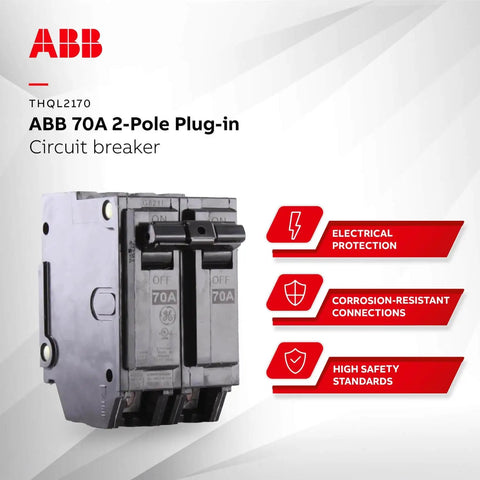 Single 70 A 2-Pole 120/240 V Q Line Plug-In Circuit Breaker, ABB brand, shown with electrical protection features.