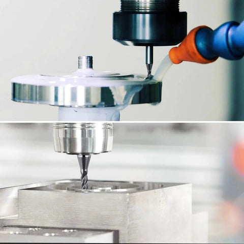 Pro Grade Solid Carbide CNC End Mill Bit 4 Flutes 1 Sixteenth Inch Cutting Diameter AlTiN Coated in operation on steel block