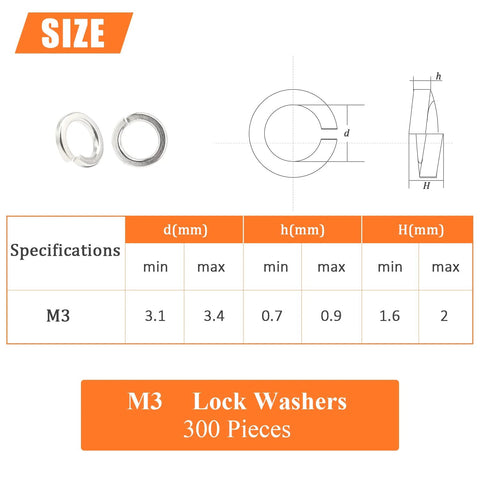 M3 stainless steel split lock washers, 304 SS, silver, 300 pieces for screws and bolts