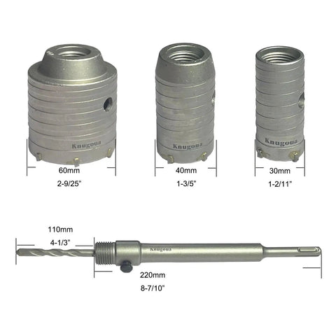 Concrete Hole Saw Kit With Tungsten Steel SDS Plus Shank Heavy Duty Wall Cutter Drill Bit Set Includes 30mm 40mm And 60mm Bits shown