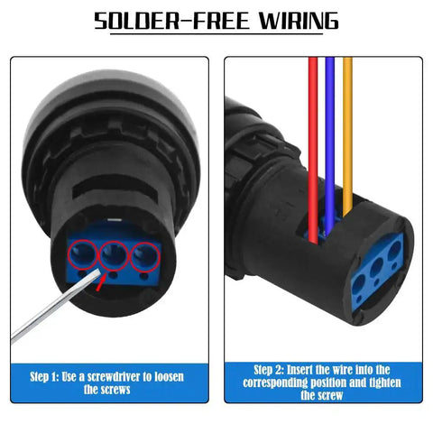 Close-up showing solder-free wiring for LA42DWQ-22 22mm 10K Ohm Rotary Potentiometer, with screwdriver tightening screws.