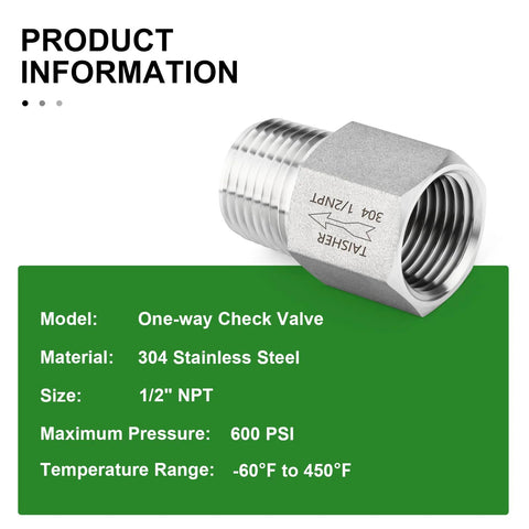 TAISHHER 304 stainless steel one-way check valve, 1/2 NPT male x 1/2 NPT female, silver metal