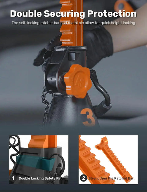 3 Ton Jack Stands With Integrated Steel Base And Double Locking For SUV, close-up of safety locking mechanism and ratchet