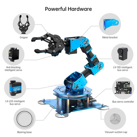 6DOF robotic arm kit for Arduino with blue metal arm segments and black gripper; includes bus servos and controller
